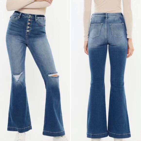 KanCan Peyton Jeans Boho Button Fly Flare Leg Busted Knees Blue 26P - Picture 1 of 11